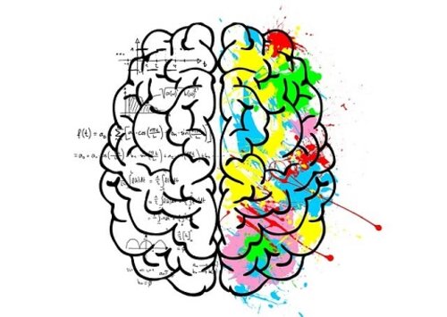 Graphic showing two sides of the brain. Left side is in greyscale with math equations representing logic. The right side of is an abstract and colourful collections of paint splashes (i.e. creativity)
